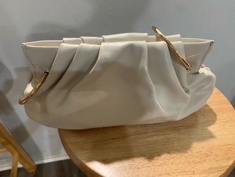 Cream Pleated Clutch Bag with Gold Ring Handles