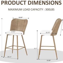 🥨2Pcs Rattan 26inch-Counter-Height Bar Stools,Upholstered Boucle Fabric Barstools with PE Rattan Cane Back, Wicker Bar Chairs Counter Stools 