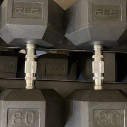 NEW  PAIR  OF  REP  FITNESS  80  LB.  RUBBER  HEX  DUMBBELLS