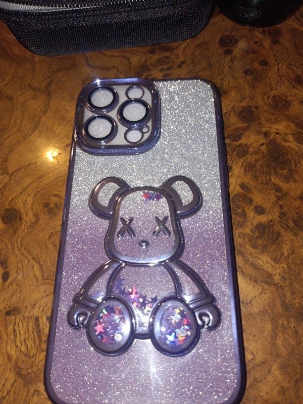 iPhone 15 PRO Case Transparent Raised Glitter Bear Design