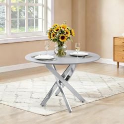 Vela 35" Modern Marble Top Round Dining Table with Cross Chrome Base