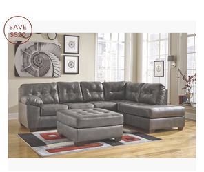 New Grey luxury leather sectional with Chaise Attached! Awesome Couch And Loveseat Set Saves Here! FRIDAY GET $20 Gas Card with purchase!