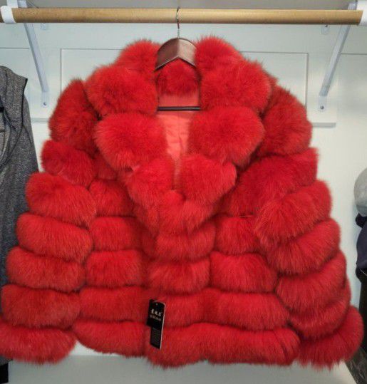 Bright Red Real Fur Coat