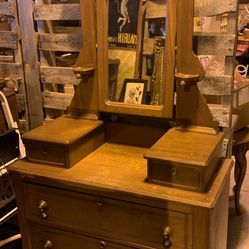 Antique Dresser, Chest of Dovetail Drawers, Swivel Mirror, Candle Holders