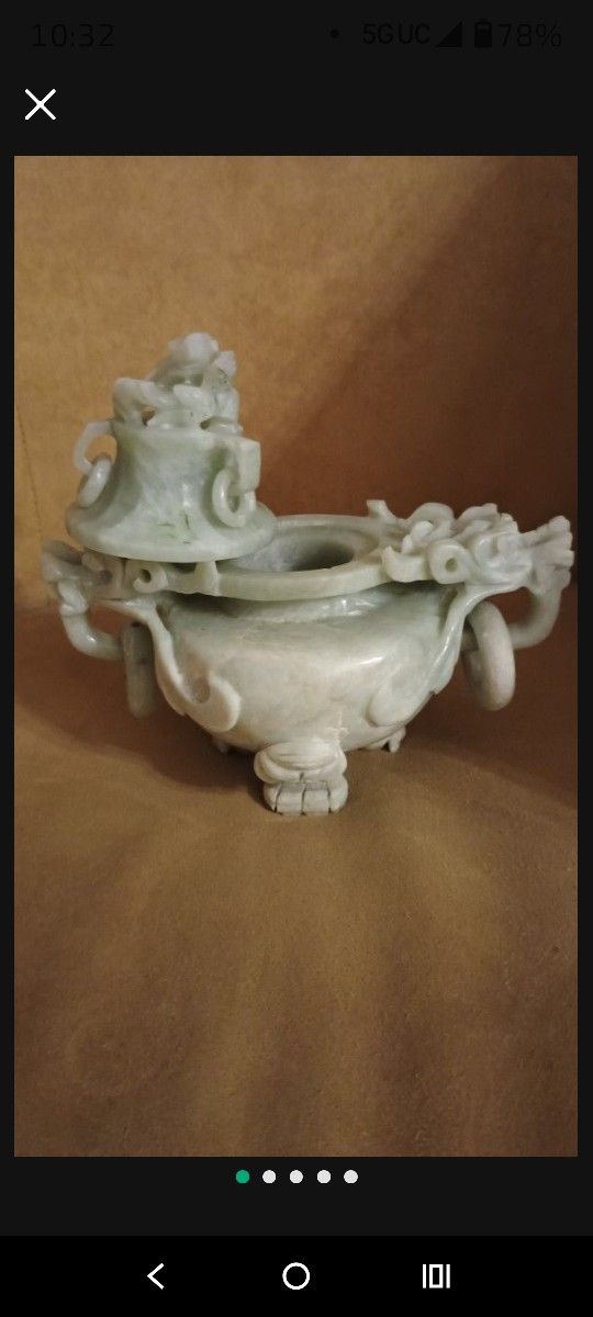 Heavy Vintage Chinese carved Green Jade Dragon incense burner. see our other great vintage art jewelry antiques sports collectibles now posted.