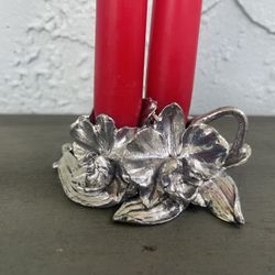 Vintage Pewter Orchid Signed Bed Chamber Candleholder.