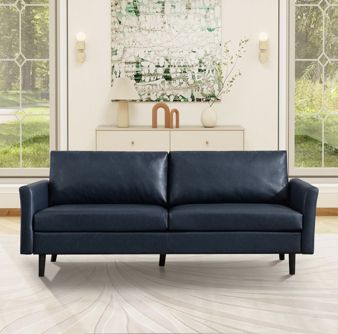 Tbfit 80" Mid Century Modern Couch, Faux Leather Sofa, Couches for Living Room, Bedroom & Office, Blue