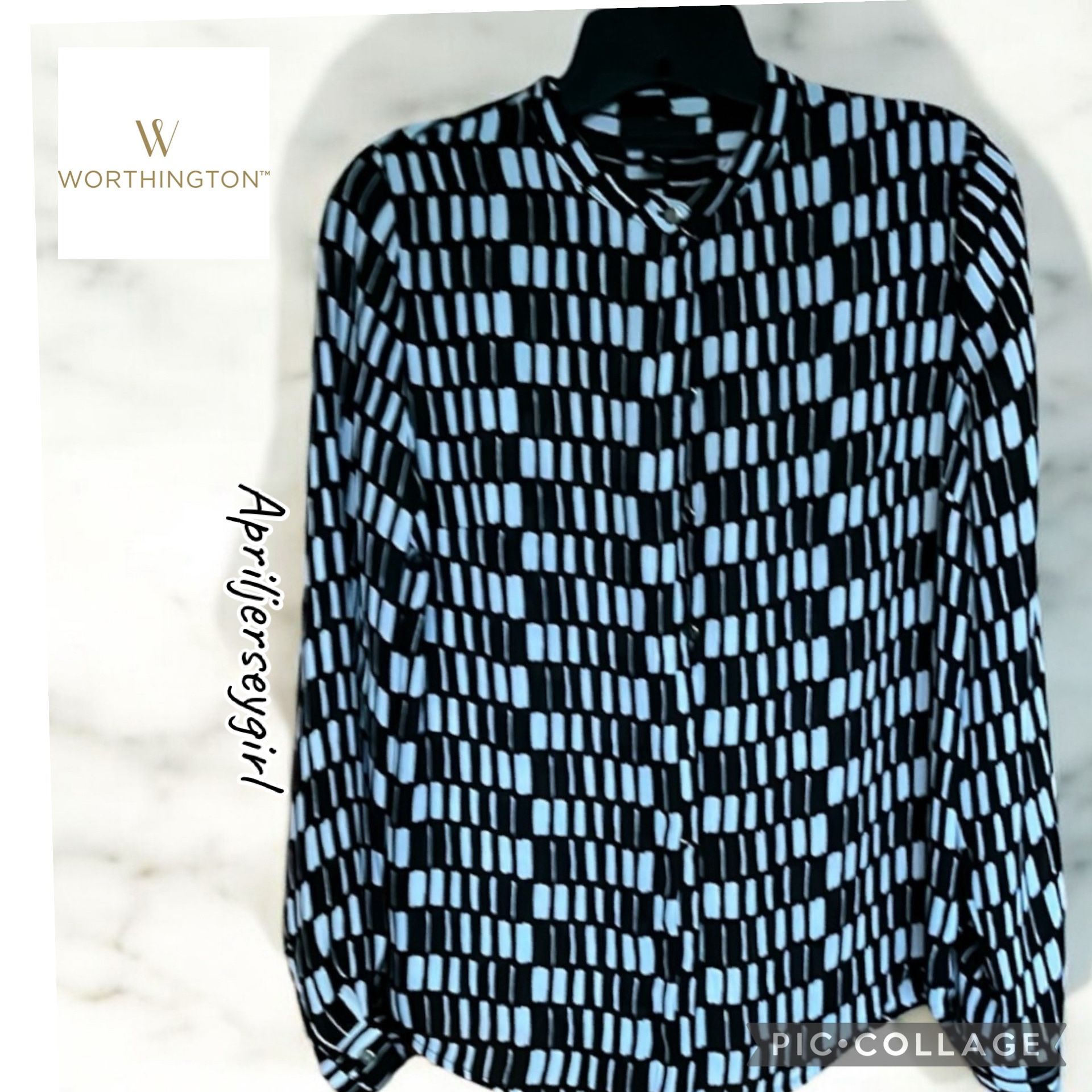 Worthington PM Black and White Geometric Blouse hidden front silver buttons