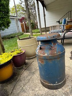 Vintage Metal Milk Can Blue Patina