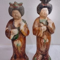 10" & 9" Two Vintage Chinese Tang Tri-Colored Glazed Tomb Ceramic Beauty Statue.