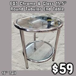 NEW EQ3 Chrome & Glass 15.5' Round Tubular End Table: njft