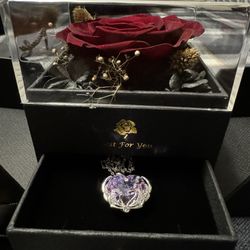 Special Day Gift - REAL Preserved Rose + Purple Crystal Necklace