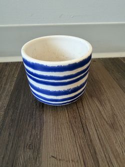 Blue and White Striped Ceramic Planter