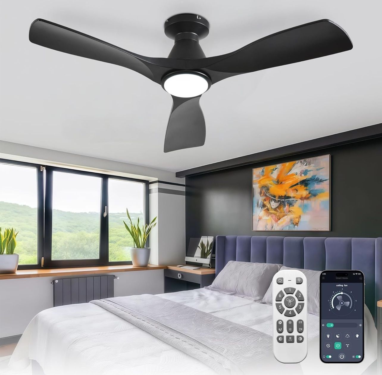 42-Inch Ceiling Fans with Lights: Black 3 Blade Flush Mount Low Profile Ceiling Fan for Bedroom - Dimmable Indoor Outdoor Fan with Remote APP Control