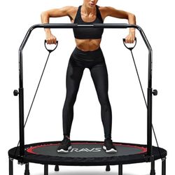 Durable mini trampoline with adjustable handle, reinforced mat, and foldable design for easy storage. 