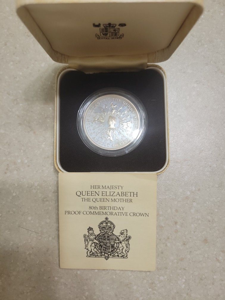 1980 Queen Elizabeth 80th Birthday Silver Coin. Comes With Original Box And COA