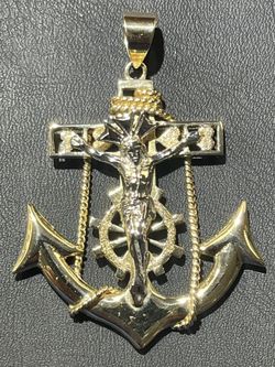 14KT Two Tone Crucifix Anchor Pendant