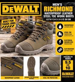 DEWALT Men’s Richmond Waterproof Leather Steel Toe ASTM F2413-24 I/C EH SR Work Boots, Available in Sizes Sizes 9.5 or 10
