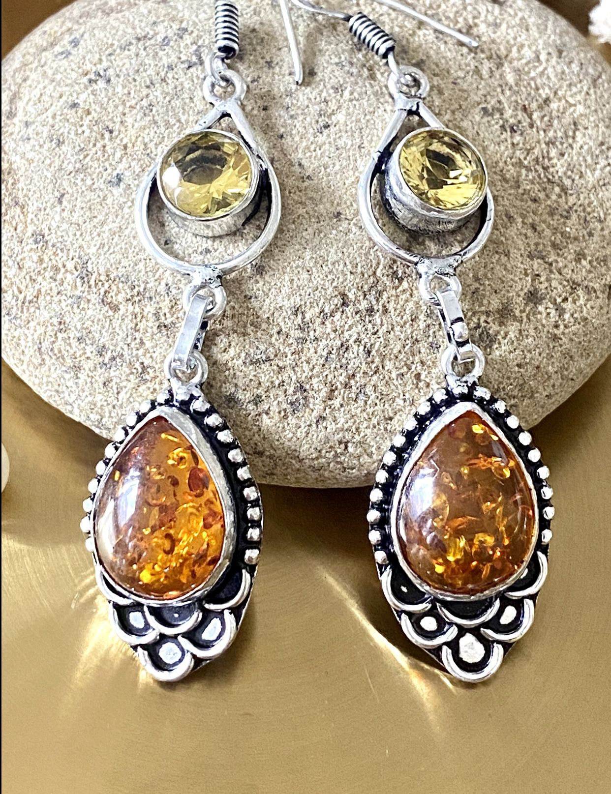 Baltic Amber And Citrine 925 Sterling Silver Overlay Handcrafted Earrings