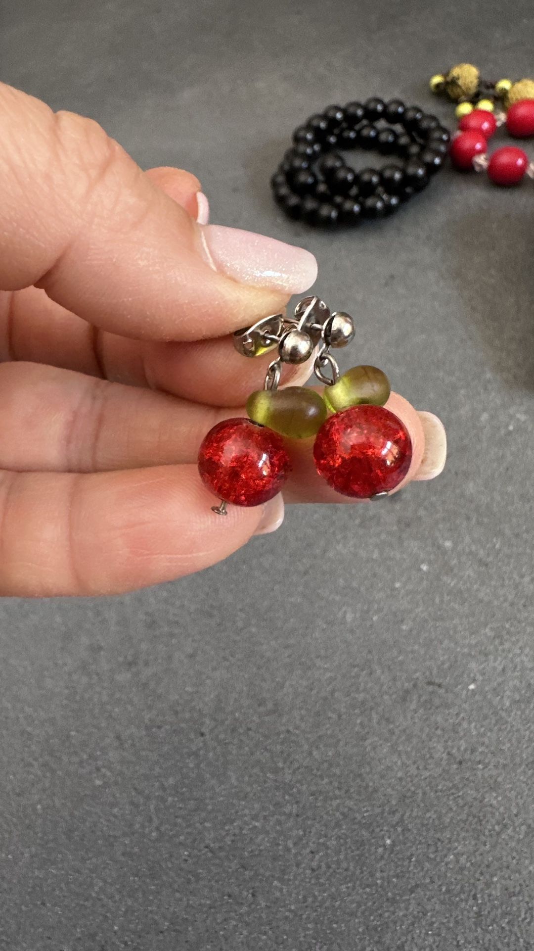 Cherry-Inspired Red and Green Earrings