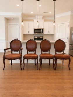 Set of 4 Traditional Oval Back Leather Dining Chairs – Nailhead Trim – Brown Upholstery