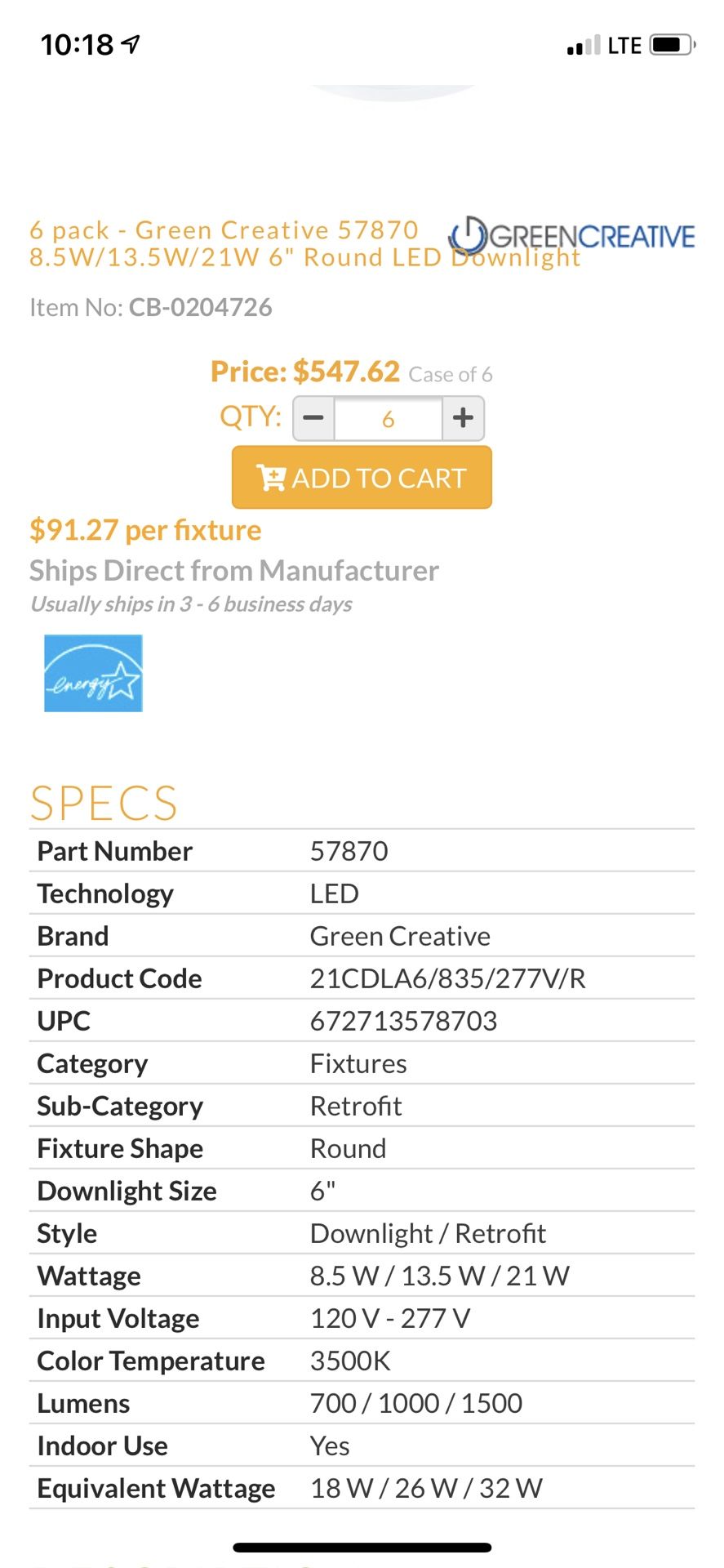 Green Creative 6 pack - Green Creative 57870 8.5W/13.5W/21W 6" Round LED Downlight
