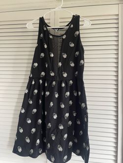 Black Skull Print Sleeveless Dress with Mesh Detail