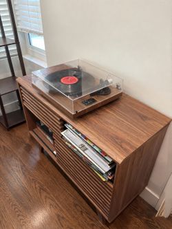 Walnut-finish slatted record console / media cabinet