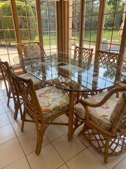 Authentic Vintage Ficks Reed Rattan Dining Set- Glass Top- 6 Chairs
