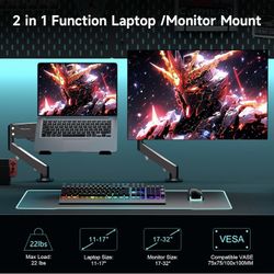 Pholiten Laptop Desk Mount with Gas Spring Arm, 2 in 1 Monitor Laptop Stand for 12-17 inch Notebook and 13-32 inch Computer Screen,Holds 22lbs. Full M