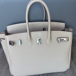 Beige Leather Structured Satchel Top Handle Bag Gold Hardware 