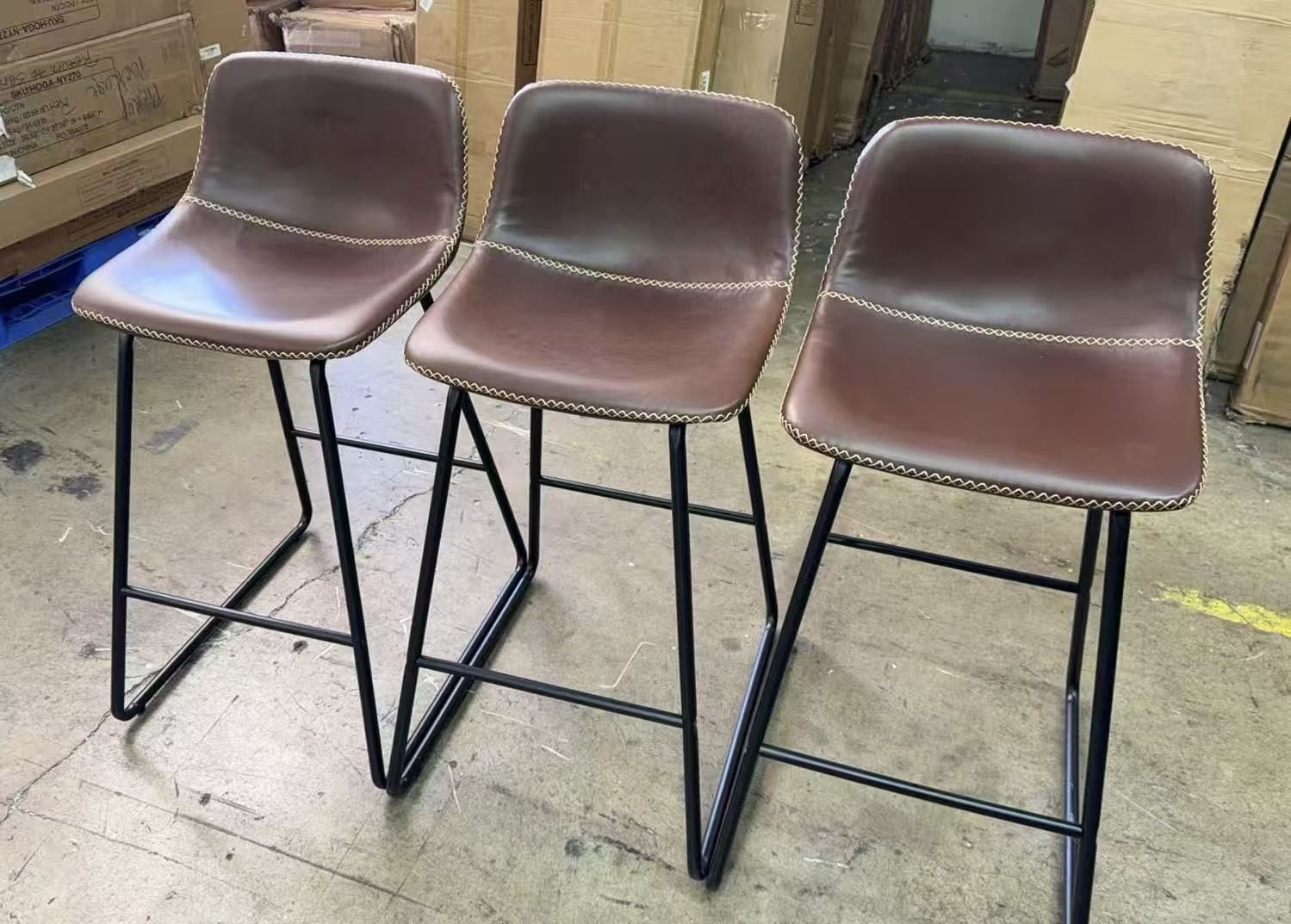 New assembled 30 Inch Bar Stools Set of 3, Brown Counter Height Barstools with Back Support Faux Leather High Bar Stools for Kitchen Island Counter He