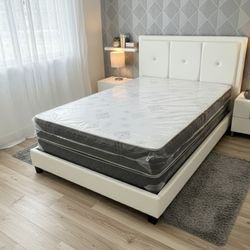 New Full Size Bed Frame White Platform Bed With Mattress Included Free Boxspring Diamond Headboard Full Size 