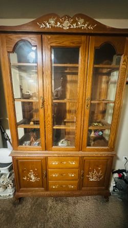 Vintage Oak Furniture Set with Mother of Pearl Inlays