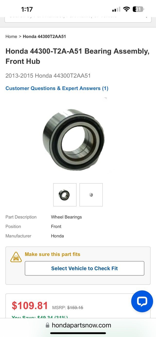 2013-2015 Front Bearing 44300-T2A-A51