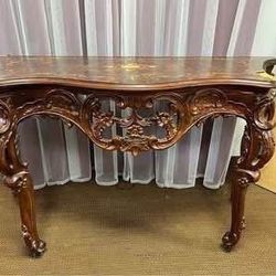 Antique Style Carved Console Table. Entry Table. Damaged top, see pics. Base is in great shape. Refinish me. Free to ask, I reply