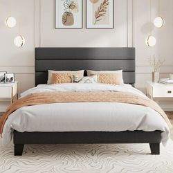 Full Bed Frame, Platform Bed Frame with Fabric Upholstered Headboard, Dark Grey