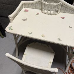 Extremely Sweet Antique Wicker Rattan Girl’s Desk + Chair Custom Painted