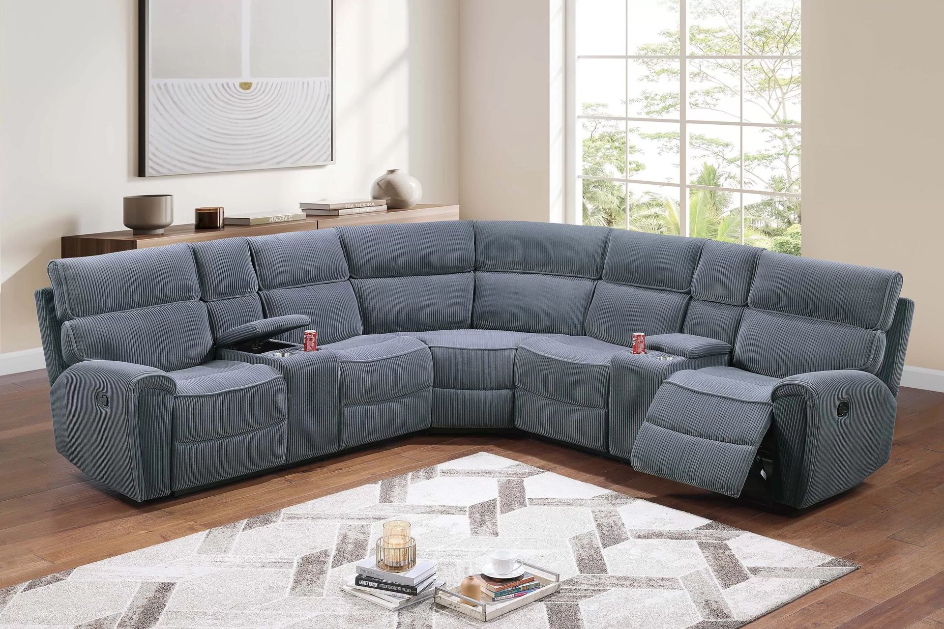 Grey sectional With Reclining Seats - Manual Motion + 2 x Console + Cup Holder