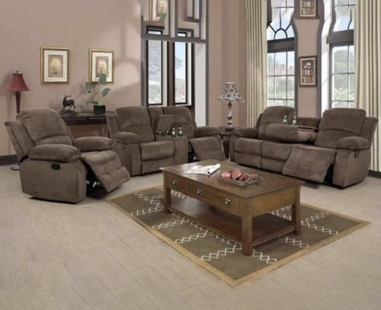 Classic Brown Microfiber Fully Reclining Couch Set