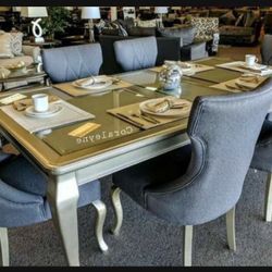 Metallic Silver Rectangular Extension Table And 6 Upholstered Side Chairs Dining Set💥 Showroom Available 👍 