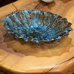 Large Iridescent Hand-Blown Glass Bowl • Abstract Metallic Blue & Bronze Swirl Design • 15”