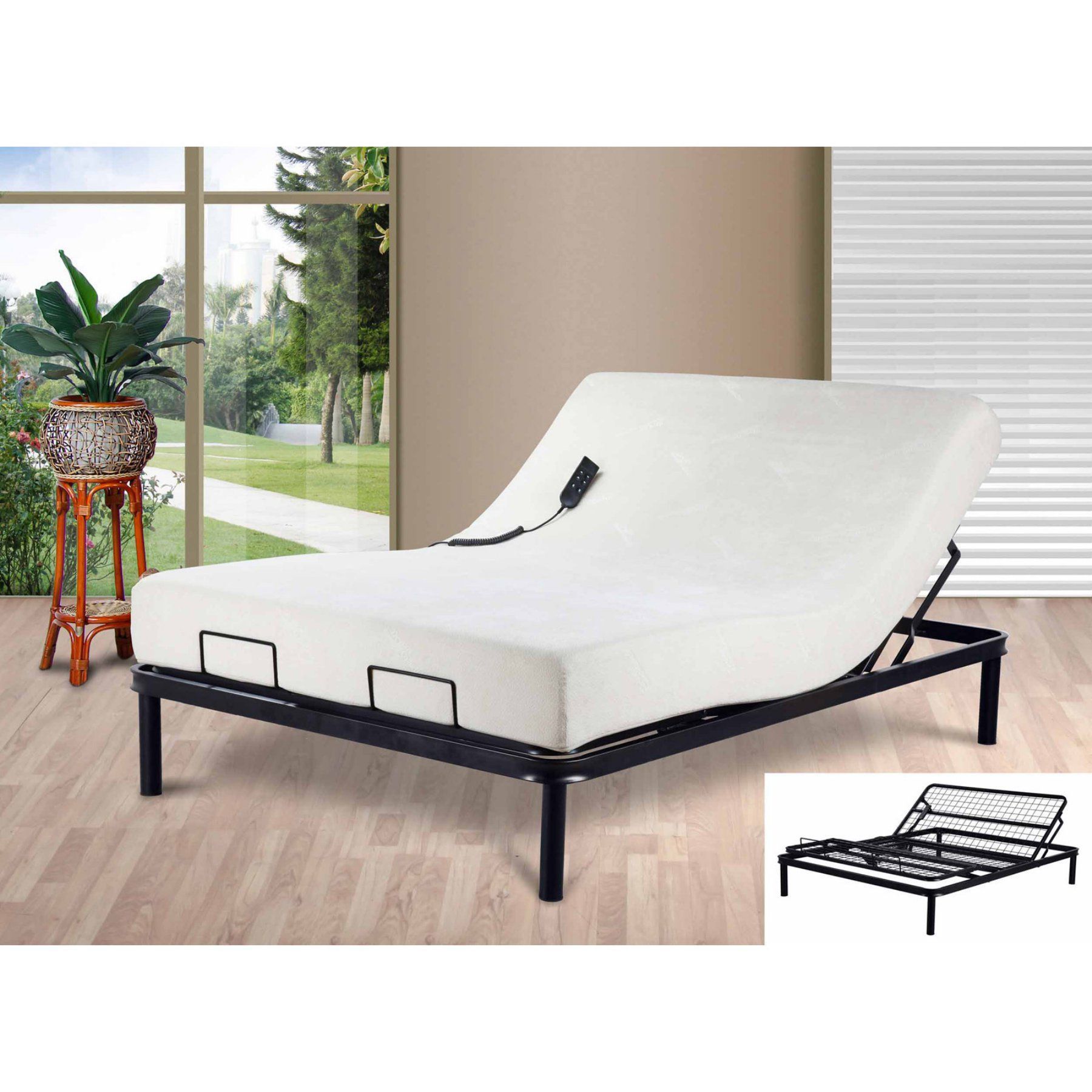 Primo adjustable queen sized bed with memory foam mattress and leather frame