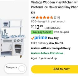 Vintage Wooden Play Kitchen with Pretend Ice Maker and Play Phone, White