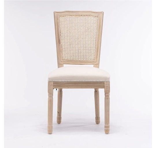 SVRCK French Style Solid Wood Frame Linen Fabric Rattan Back Dining Chair Set of 2 Cream