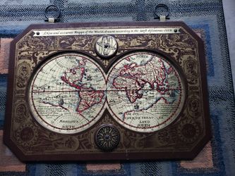 1964 vintage MASKETEERS OLD WORLD BRASS MAP, A NEW AND ACCURATE MAP OF THE WORLD 1628