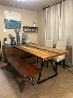 Distressed 6x3 Solid Wood Table,Bench And 2 Chairs