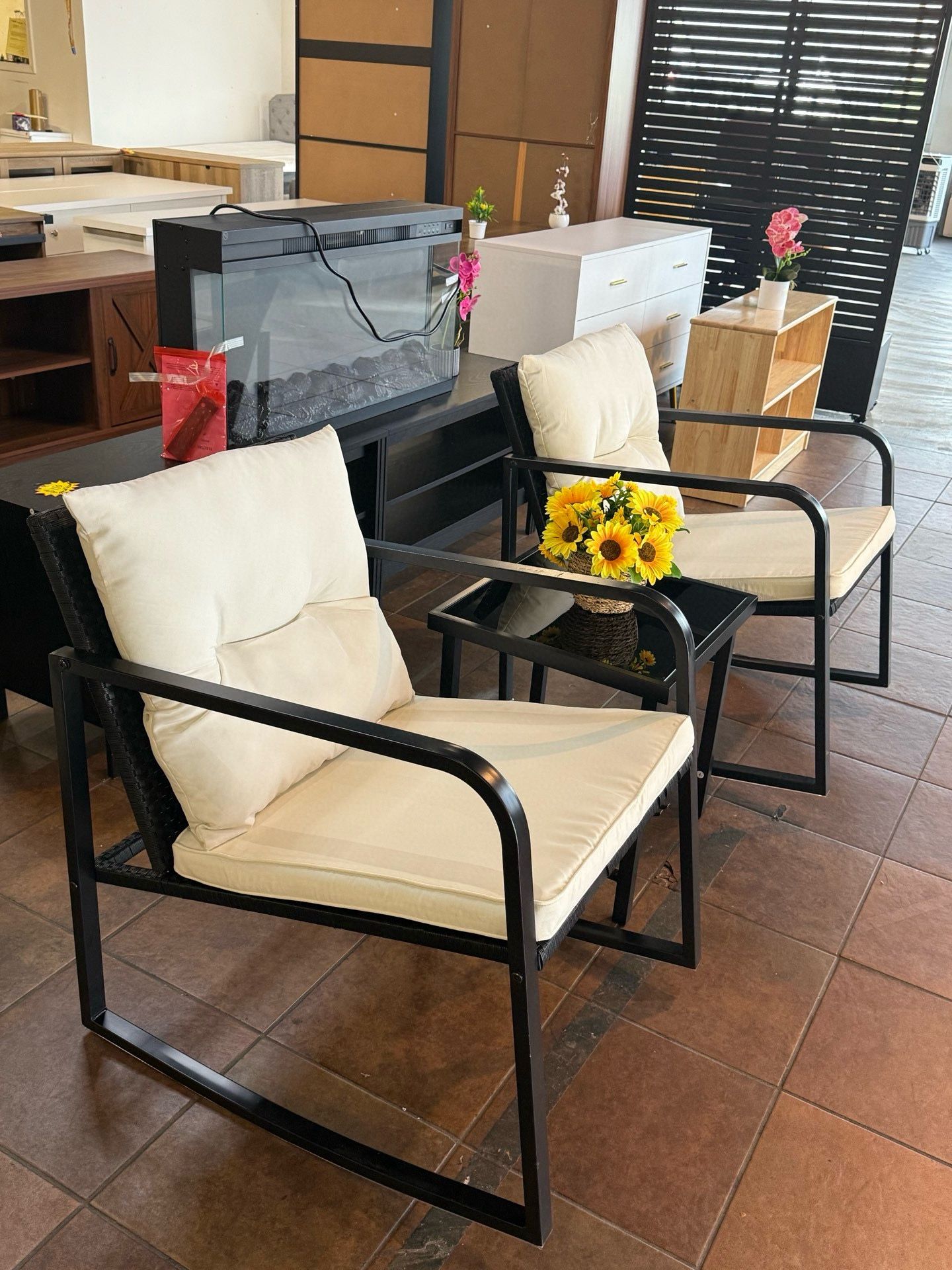 🔥Set of 3🔥Outdoor Rocking Bistro Set Black Wicker Furniture Porch Chairs Conversation Sets ,with Glass Coffee Table(Beige)  💰99