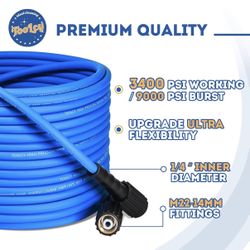 Super Flexible Pressure Washer Hose 50ft, 3400 PSI Kink Resistant Power Washer Hose 1/4 in., Replacement Power Wash Hose with M22 and 3/8" Quick Conne