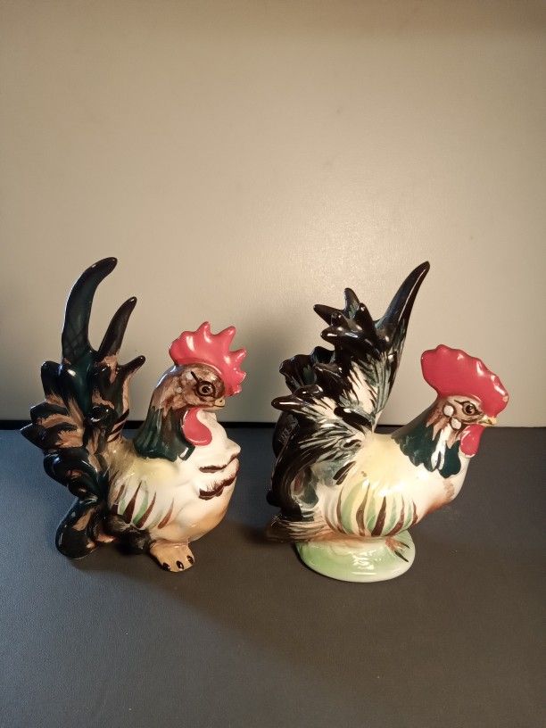 Vintage Fern Importation Rooster & Hen / Chicken Porcelain Figurines